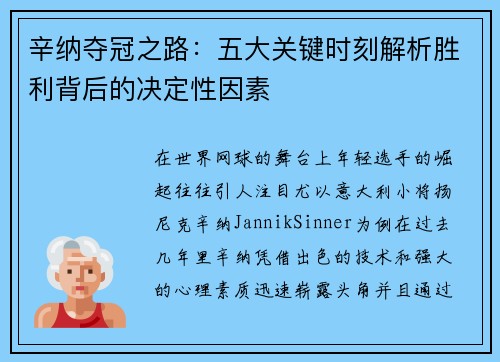 辛纳夺冠之路：五大关键时刻解析胜利背后的决定性因素